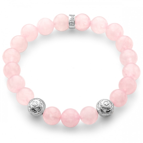 Pink Quartz Gemstone Flower Bead Bracelet in Silver