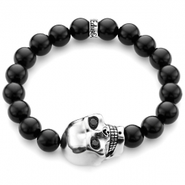 Black Onyx Bead Diamond Large Skull Bracelet in Silver