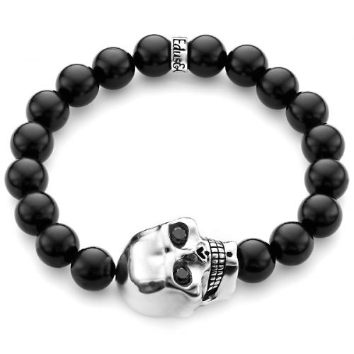 Black Onyx Bead Diamond Large Skull Bracelet in Silver