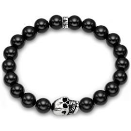 Black Onyx Bead Oxidized Skull Bracelet in Silver