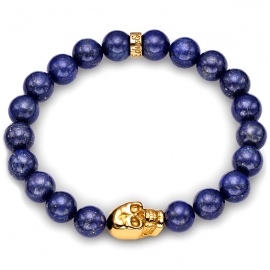 Blue Lapis Lazuli Gemstone Bead Skull Bracelet in Yellow Gold