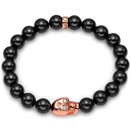 Black Onyx Bead Diamond Skull Bracelet in Rose Gold