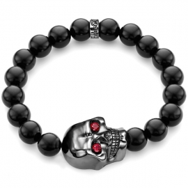 Black Onyx Bead Ruby Large Rhodium Skull Bracelet in Silver