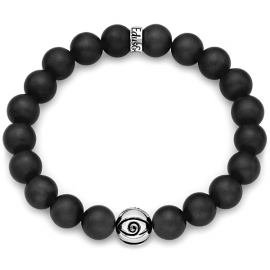 Matte Black Onyx Gemstone Evil Eye Bead Bracelet in Silver